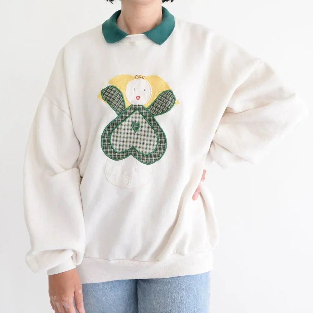Vintage Jerzees Cream Angel Embroidered Green Collared  Crewneck Sweater 2X